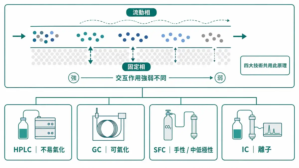 HPLC vs GC vs SFC vs IC|四大層析技術比較與選型決策 層析共同原理與四種技術分工圖,呈現四大技術共用分離原理並依樣品性質分出主場
