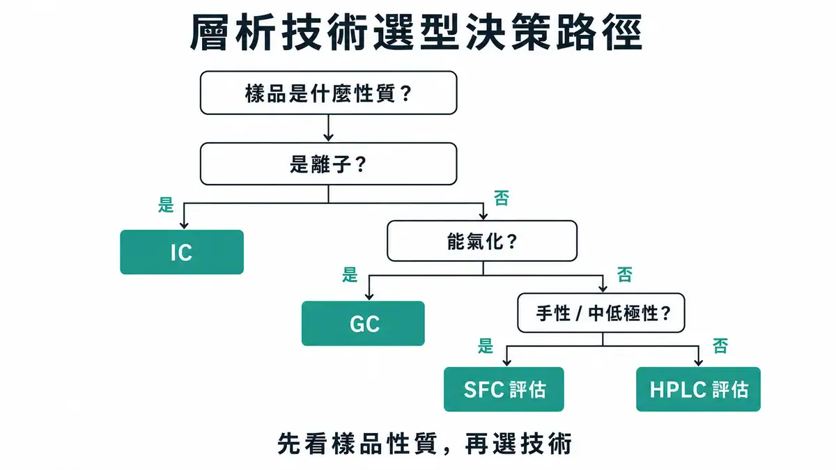 HPLC vs GC vs SFC vs IC|四大層析技術比較與選型決策 層析技術選型決策樹,從樣品性質出發依序判斷,分流到 IC、GC、SFC 或 HPLC