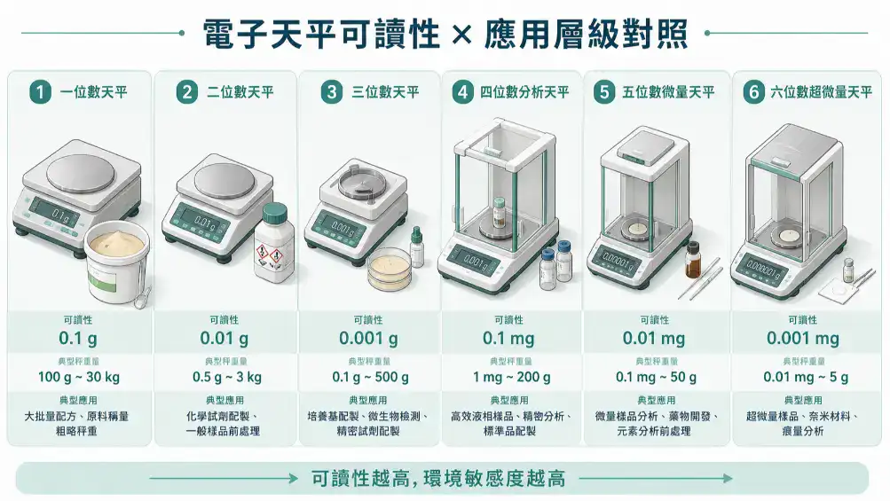 電子天平可讀性對照圖:從一位數到六位數天平的應用層級、典型秤重量與樣品場景對照