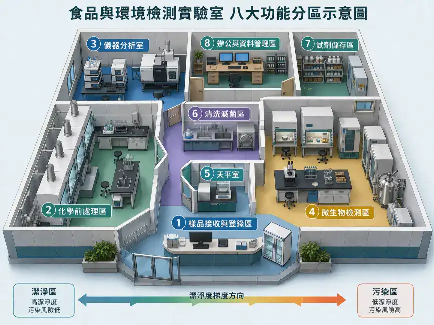 食品與環境檢測實驗室規劃指南 食品與環境檢測實驗室八大功能分區配置示意圖:樣品接收、化學前處理、儀器分析、微生物檢測、天平室、清洗滅菌、試劑儲存、辦公區