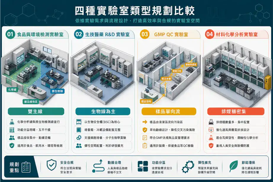 食品與環境檢測實驗室規劃指南 四類實驗室規劃差異比較:食品環境檢測(雙主線)、生技研發(生物線)、GMP 品管(樣品單向流)、材料化學分析(排煙櫃密集)