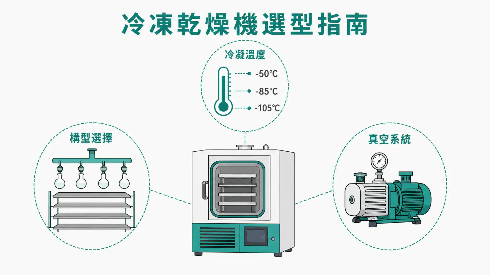 冷凍乾燥機選型完整指南|從構型、冷凝溫度到真空系統的決策邏輯 冷凍乾燥機選型三大決策軸線:構型選擇、冷凝溫度與真空系統搭配