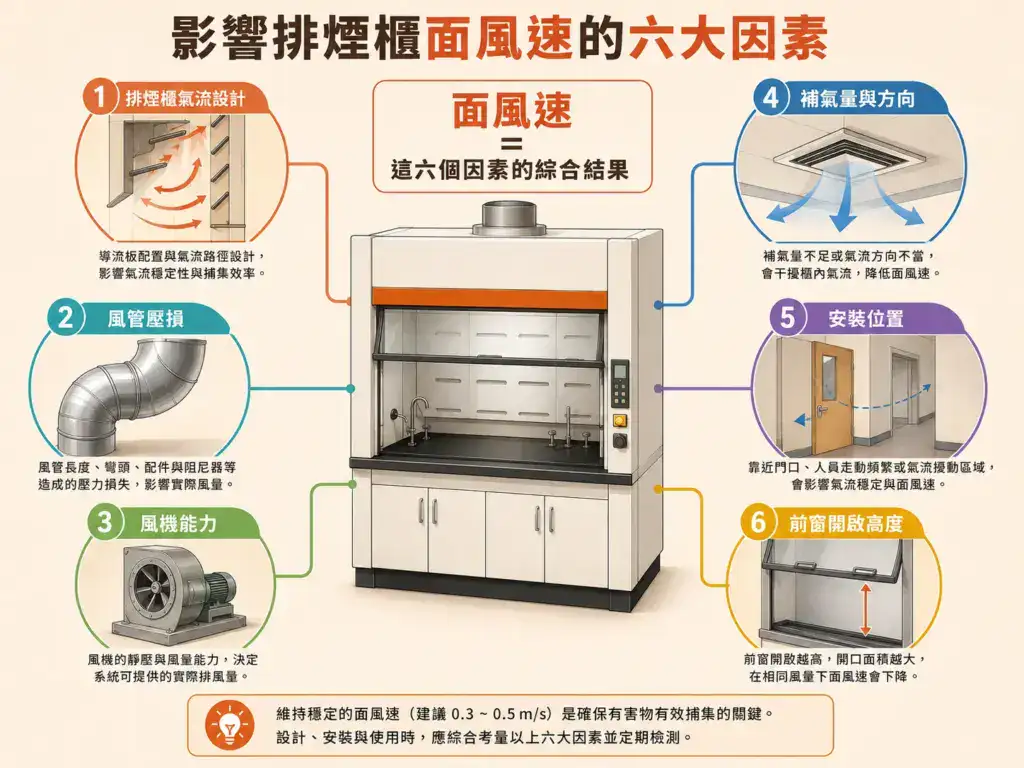 排煙櫃選型與通風系統整合指南 排煙櫃面風速六大影響因素:氣流設計、風管壓損、風機能力、補氣、安裝位置、前窗高度
