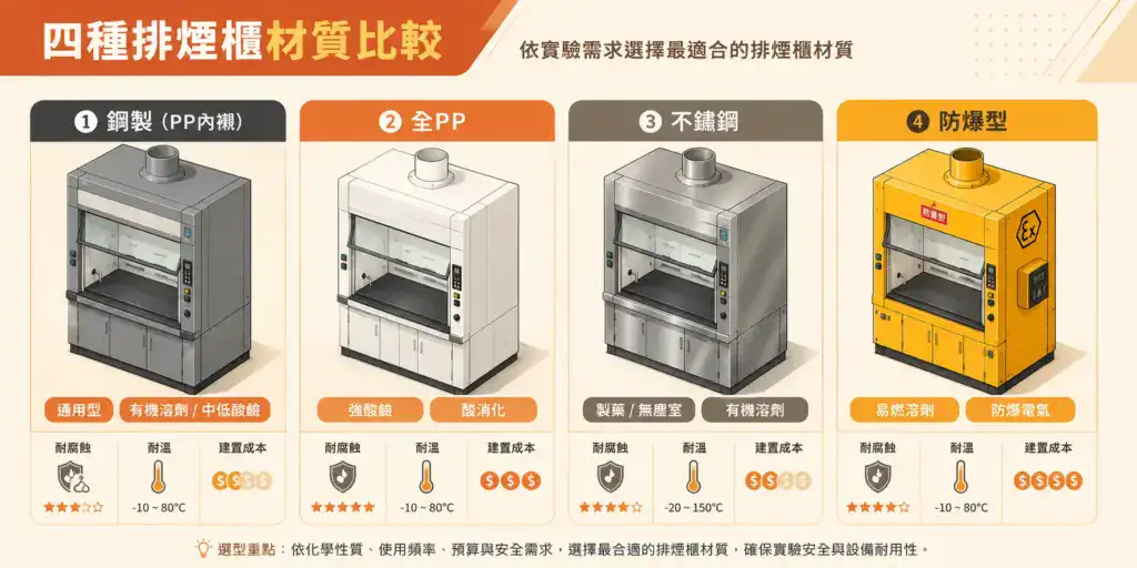 排煙櫃選型與通風系統整合指南 排煙櫃四種材質比較:鋼製PP內襯、全PP、不鏽鋼、防爆型的適用場景與特性