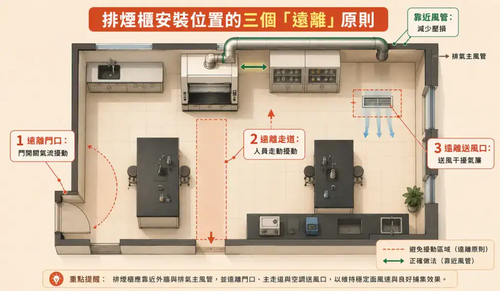 排煙櫃選型與通風系統整合指南 排煙櫃安裝位置原則:遠離門口、遠離走道、遠離送風口,靠近排氣主風管