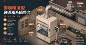 排煙櫃選型與通風系統整合指南封面：等角透視圖展示排煙櫃、風管連接和屋頂排風機