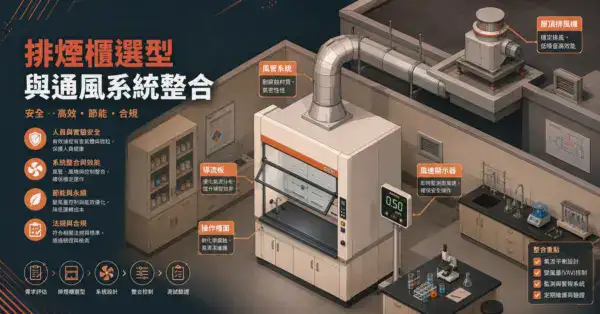 排煙櫃選型與通風系統整合指南封面:等角透視圖展示排煙櫃、風管連接和屋頂排風機
