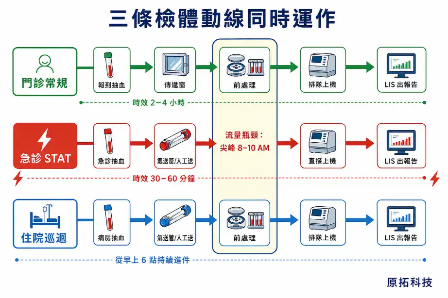 醫院與醫療機構實驗室規劃指南 醫院檢驗科三條檢體動線:門診常規2-4小時、急診STAT 30-60分鐘、住院巡迴持續進件,三條動線在前處理區交會形成流量瓶頸
