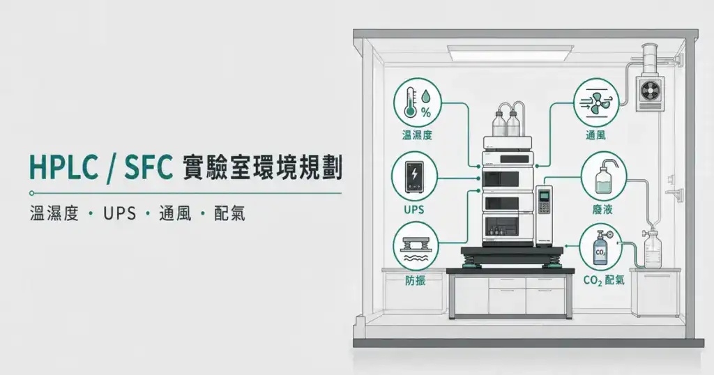 HPLC 與 SFC 實驗室環境規劃封面圖,呈現溫濕度、UPS、通風、廢液、防振、CO₂ 配氣六個環境配套面向