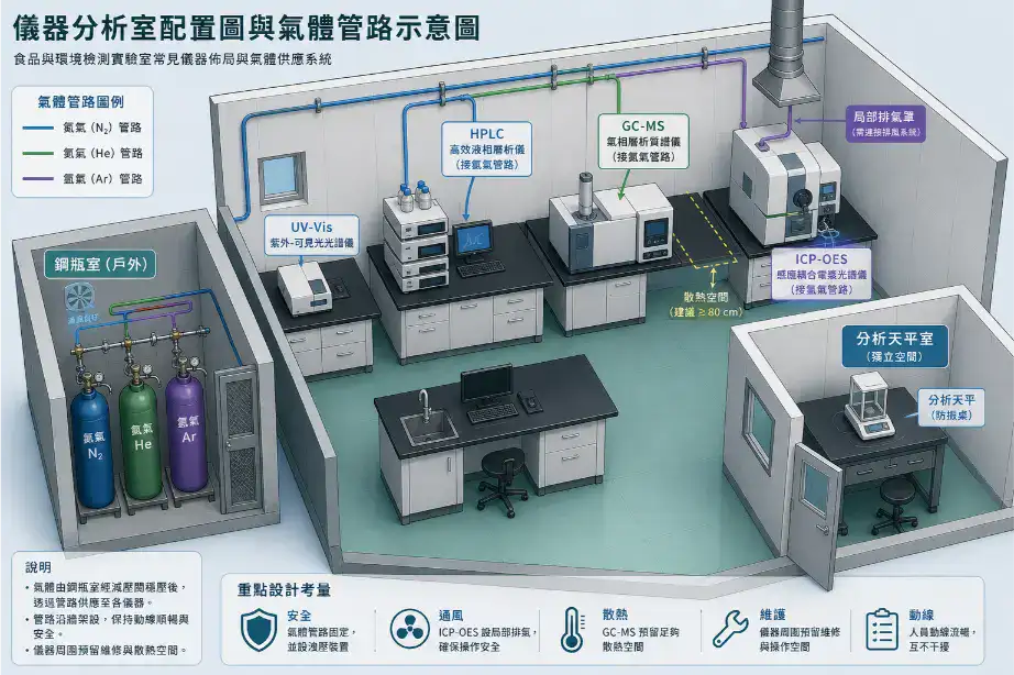 食品與環境檢測實驗室規劃指南 食品與環境檢測實驗室儀器分析室配置與氣體管路示意圖:HPLC、GC-MS、ICP-OES 的空間佈局和氣體供應路徑