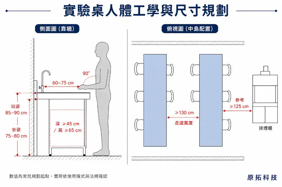 實驗桌人體工學尺寸示意圖：站姿坐姿操作高度、檯面深度、走道寬度、與排煙櫃安全距離的標註