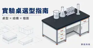 實驗室傢俱與檯面材質選擇指南封面：等距風格實驗桌插畫