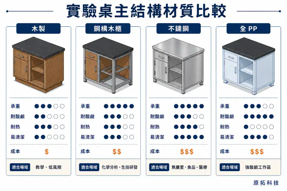 實驗桌四種主結構材質比較：木製、鋼構木櫃、不鏽鋼、全PP在承重、耐酸鹼、耐熱、易清潔、成本五個面向的評比