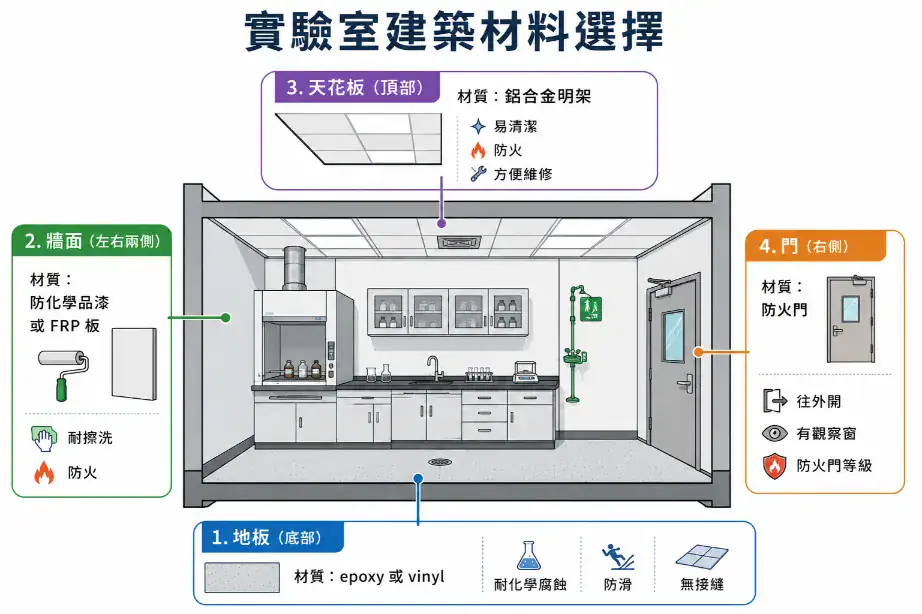 實驗室安全設計與法規合規指南 實驗室建築材料選擇:地板 epoxy 防滑無接縫、牆面耐化學品、天花板易維修、門往外開有觀察窗