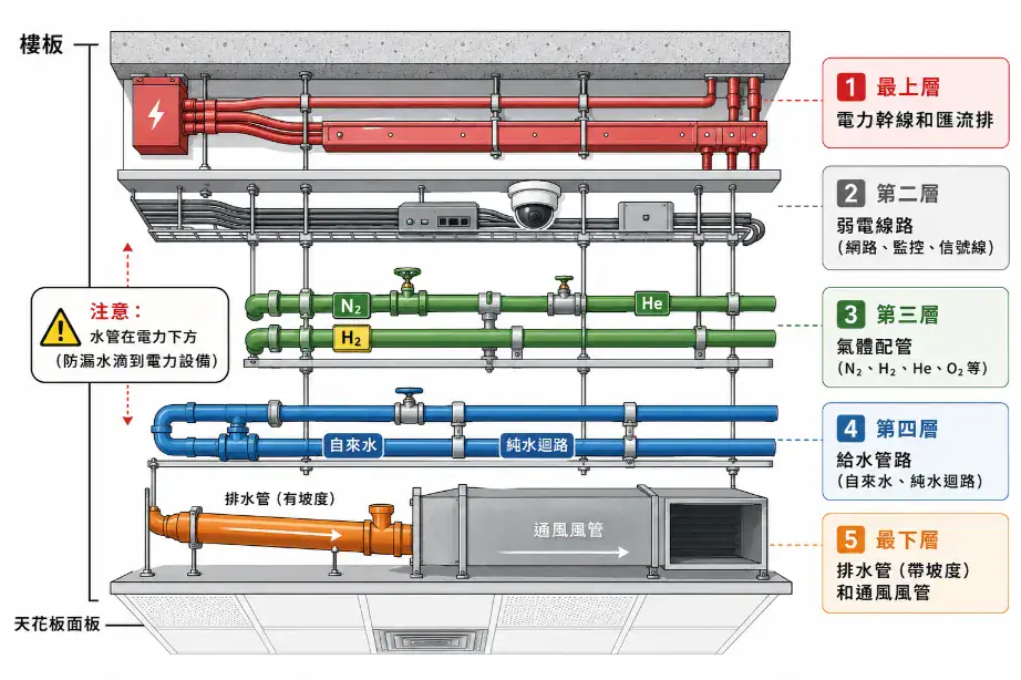 實驗室天花板管路五層分層剖面圖：電力、弱電、氣體、給水、排水與風管的空間配置