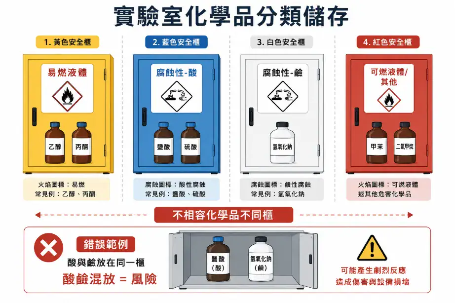 實驗室安全設計與法規合規指南 實驗室化學品分類儲存:黃色易燃液體櫃、藍色酸性櫃、白色鹼性櫃的分類邏輯與酸鹼分櫃原則