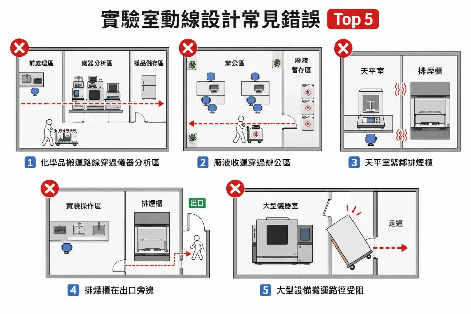 實驗室動線設計與分區規劃指南 實驗室動線設計常見錯誤 Top 5:化學品穿過儀器區、廢液穿過辦公區、天平鄰排煙櫃、排煙櫃在出口旁、設備進不了門