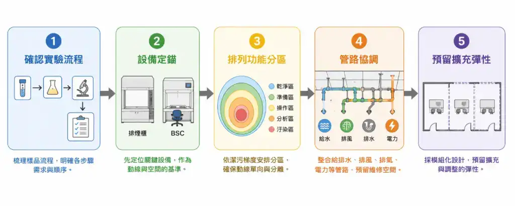 實驗室動線設計與分區規劃指南 實驗室動線規劃流程五步驟:確認實驗流程、設備定錨、排列功能分區、管路協調、預留擴充彈性