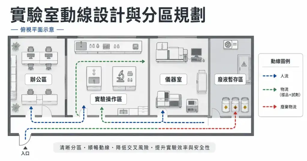 實驗室動線設計與分區規劃指南 實驗室動線設計與分區規劃概念圖,俯視平面呈現人流、物流、廢棄物流三條動線路徑
