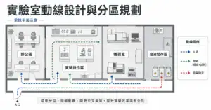 實驗室動線設計與分區規劃概念圖，俯視平面呈現人流、物流、廢棄物流三條動線路徑