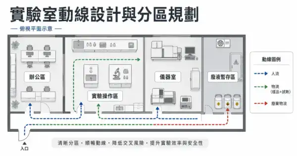 實驗室動線設計與分區規劃概念圖,俯視平面呈現人流、物流、廢棄物流三條動線路徑