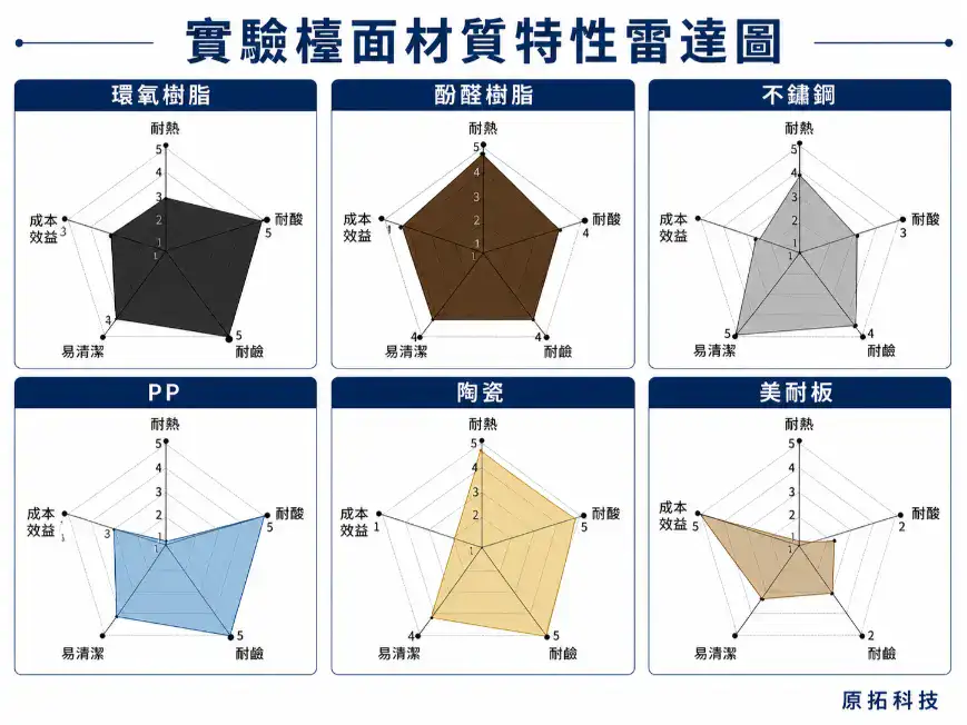 實驗檯面六種材質特性雷達圖：環氧樹脂、酚醛樹脂、不鏽鋼、PP、陶瓷、美耐板在耐熱、耐酸、耐鹼、易清潔、成本效益五個面向的對照