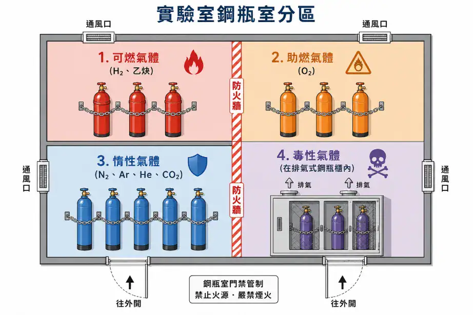 實驗室鋼瓶室分區配置圖：可燃、助燃、惰性、毒性氣體的分區邏輯與防火隔離