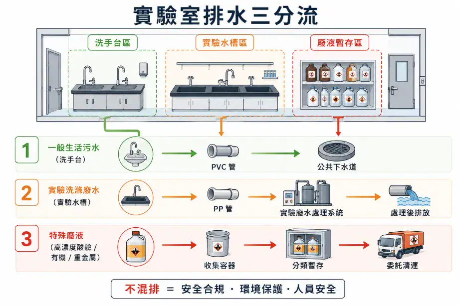 實驗室排水三分流示意圖：一般生活污水、實驗洗滌廢水、特殊廢液各走獨立路徑