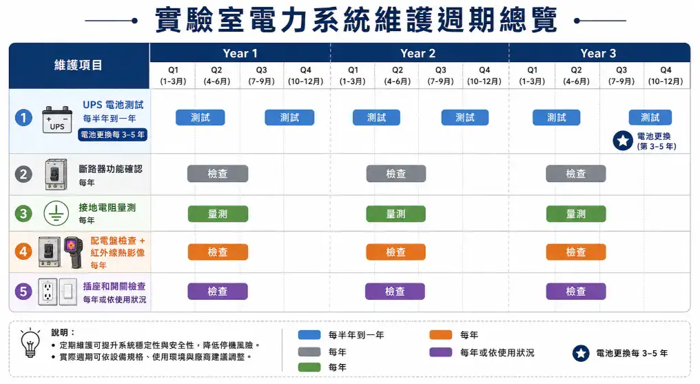 實驗室電力系統與接地設計指南 實驗室電力系統維護週期總覽:UPS 電池、斷路器、接地、配電盤、插座的定期檢測時程