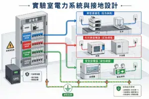 實驗室電力系統與接地設計概念圖，呈現配電盤分別連接精密儀器、大功率設備、安全設備三類迴路