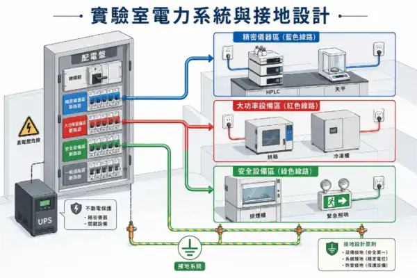 實驗室電力系統與接地設計概念圖，呈現配電盤分別連接精密儀器、大功率設備、安全設備三類迴路