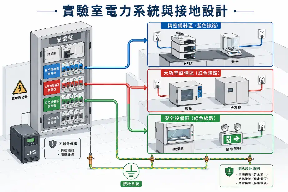 實驗室電力系統與接地設計指南 實驗室電力系統與接地設計概念圖,呈現配電盤分別連接精密儀器、大功率設備、安全設備三類迴路