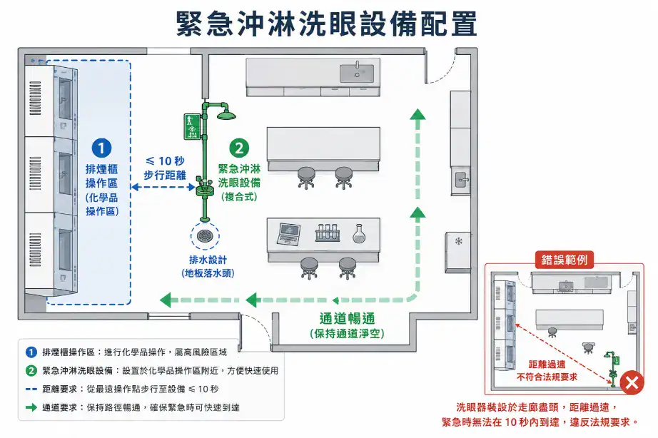 實驗室安全設計與法規合規指南 緊急沖淋洗眼設備配置圖:10 秒步行距離概念、設備位置、排水設計與常見錯誤