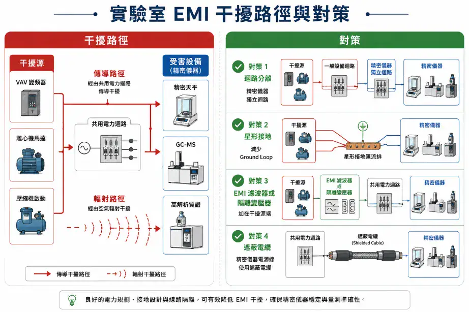 實驗室電力系統與接地設計指南 實驗室 EMI 干擾路徑與對策:從變頻器和馬達到精密儀器的傳導和輻射干擾及四種對策