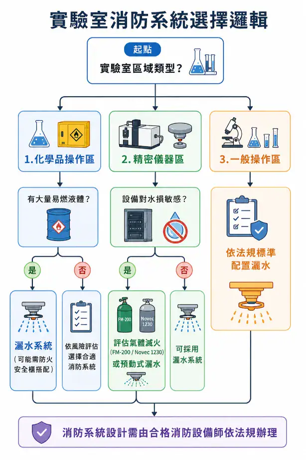 實驗室安全設計與法規合規指南 實驗室消防系統選擇邏輯:依區域類型和設備敏感度選擇灑水、氣體滅火或預動式灑水