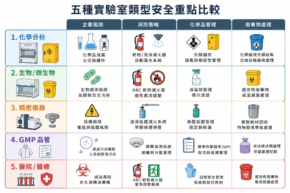 實驗室安全設計與法規合規指南 五種實驗室類型安全重點比較:化學分析、生物微生物、精密儀器、GMP 品管、醫院醫療的消防策略與化學品管理差異