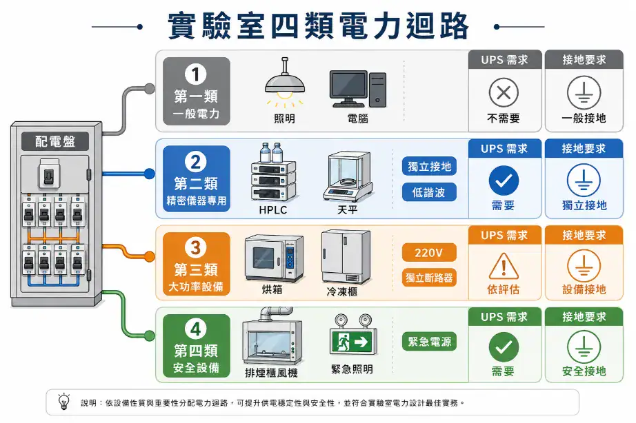 實驗室電力系統與接地設計指南 實驗室四類電力迴路比較:一般電力、精密儀器專用、大功率設備專用、安全設備各有不同的電壓、接地和 UPS 需求