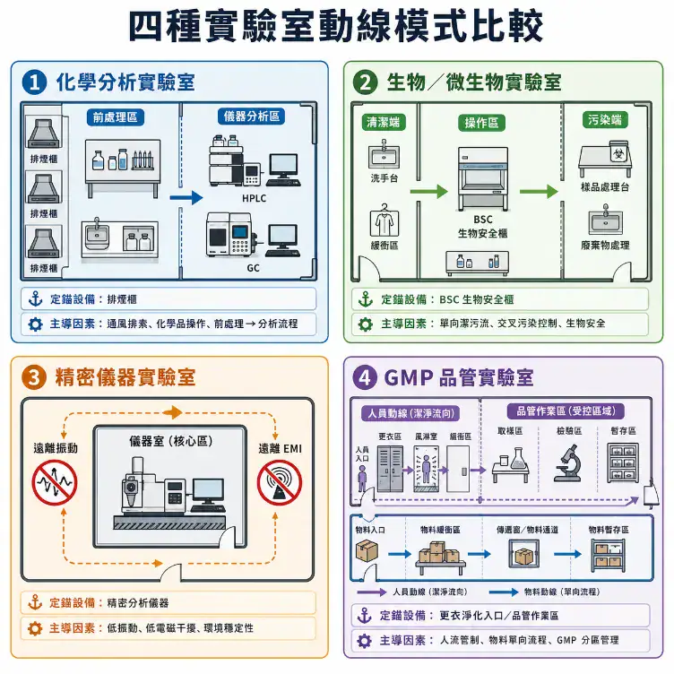 實驗室動線設計與分區規劃指南 四種實驗室動線模式比較:化學分析、生物微生物、精密儀器、GMP 品管的平面配置差異