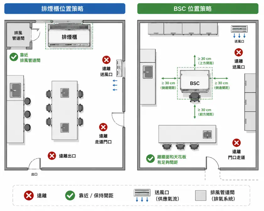 實驗室動線設計與分區規劃指南 排煙櫃與 BSC 位置策略:排煙櫃三個遠離一個靠近、BSC 遠離門口和送風口的配置邏輯