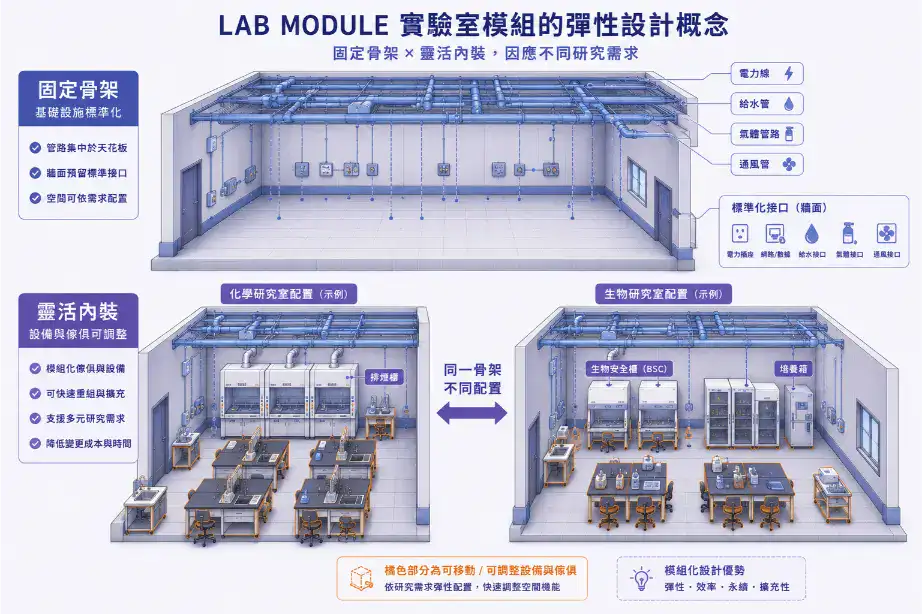 學術研究實驗室規劃指南 Lab module 彈性設計概念圖:固定的基礎設施骨架搭配可重新配置的傢俱和設備