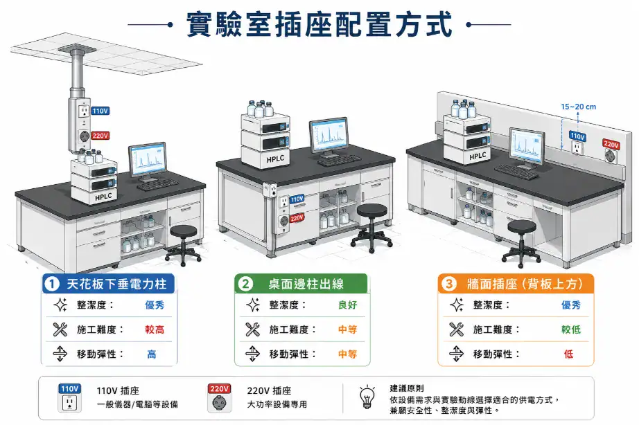 實驗室電力系統與接地設計指南 實驗室三種插座配置方式:天花板下垂電力柱、桌面邊柱出線、牆面插座的比較