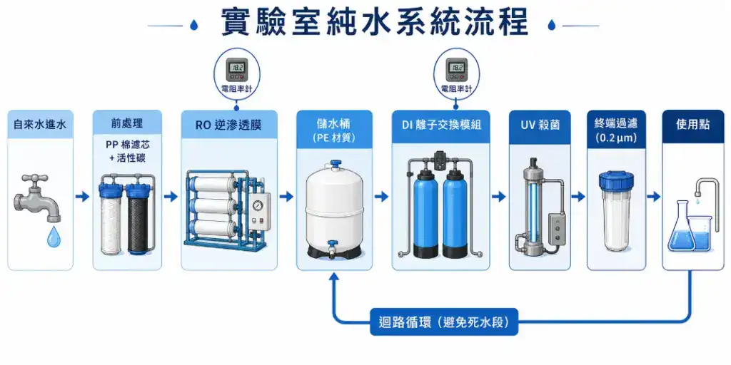 實驗室純水系統流程圖：從自來水經前處理、RO、DI、UV 殺菌到超純水使用點的完整流程