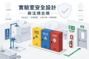 實驗室安全設計與法規合規概念圖，呈現緊急沖淋洗眼設備、化學品安全櫃、逃生路線標示的配置