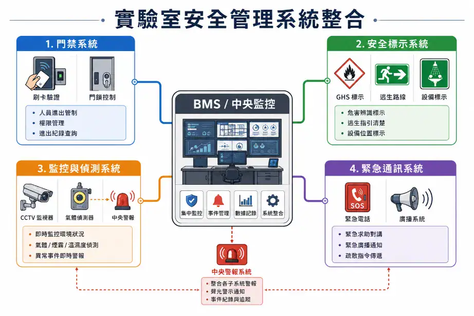 實驗室安全設計與法規合規指南 實驗室安全管理系統整合:門禁、安全標示、監控偵測、緊急通訊四個子系統連接中央監控