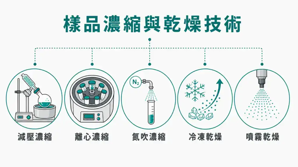 實驗室樣品濃縮與乾燥技術總覽：減壓濃縮、離心濃縮、氮吹濃縮、冷凍乾燥、噴霧乾燥五種方法圖標