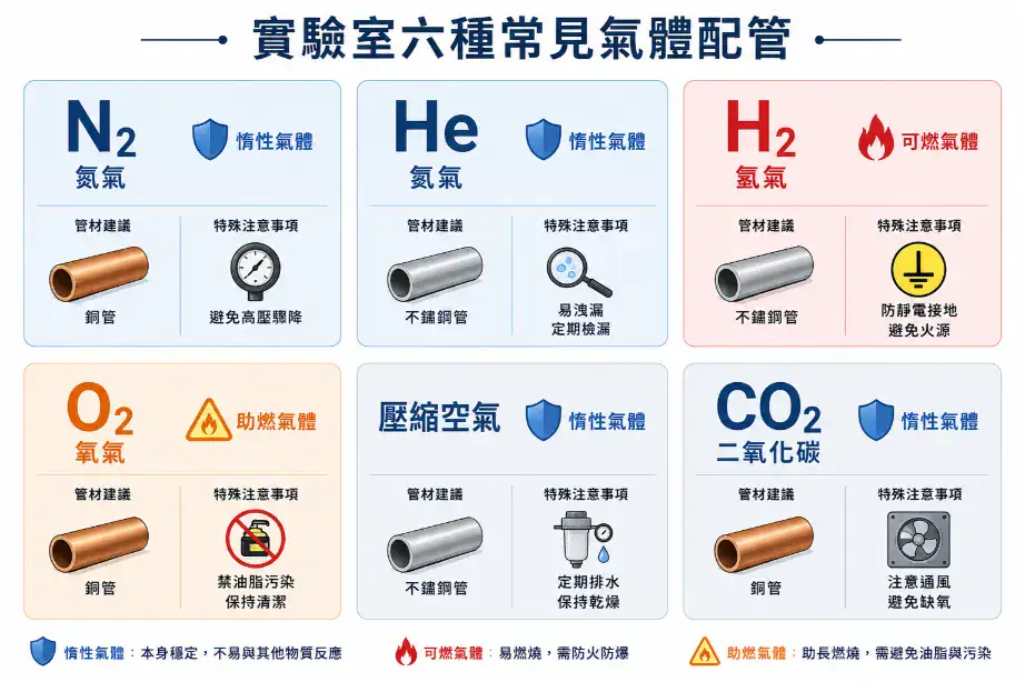 實驗室六種常見氣體配管比較：氮氣、氦氣、氫氣、氧氣、壓縮空氣、CO₂ 的安全分類與管材要求