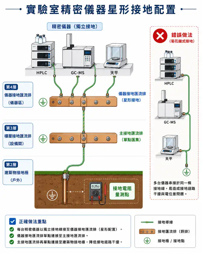 實驗室電力系統與接地設計指南 實驗室精密儀器星形接地配置圖:所有儀器各自獨立連到同一條接地匯流排,避免接地迴路
