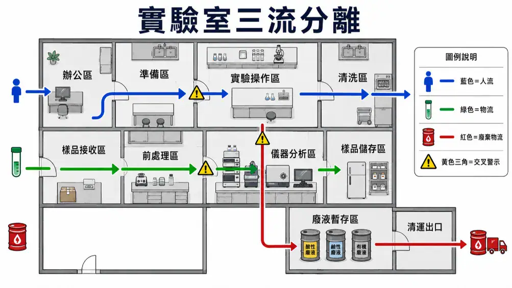 實驗室動線設計與分區規劃指南 實驗室三流分離示意圖:人流、物流、廢棄物流各自的路徑與交叉警示點