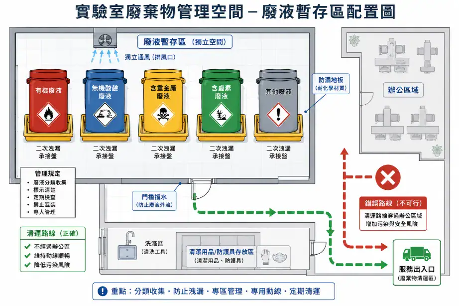 實驗室安全設計與法規合規指南 實驗室廢棄物管理空間配置:五類廢液收集桶、二次洩漏承接、獨立通風與清運路線