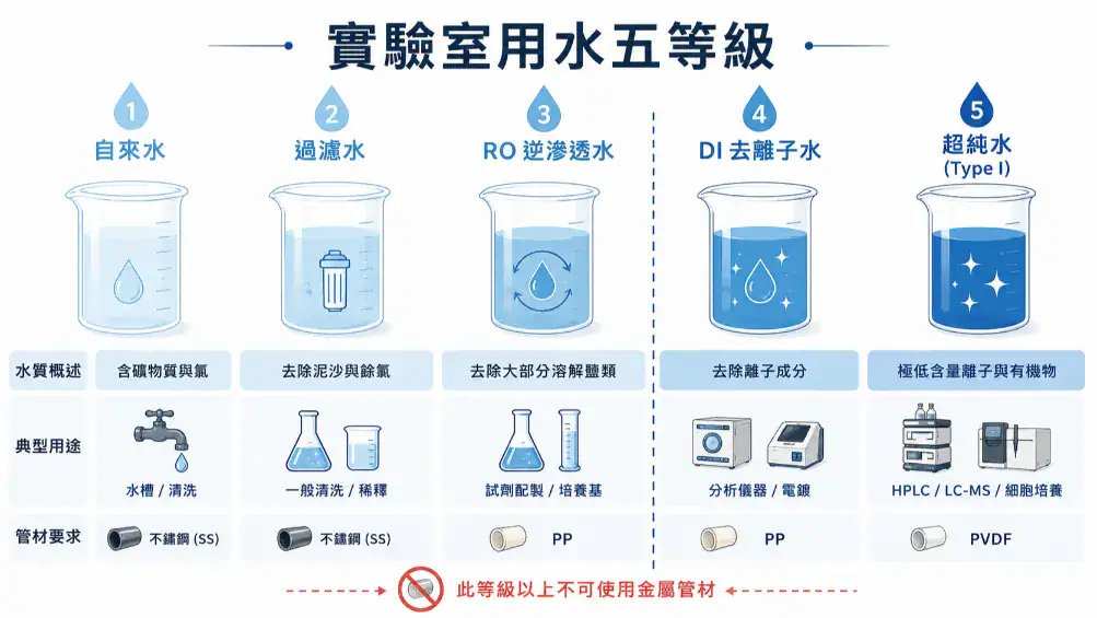 實驗室用水五等級比較圖：自來水、過濾水、RO 水、DI 去離子水、超純水的用途與管材要求